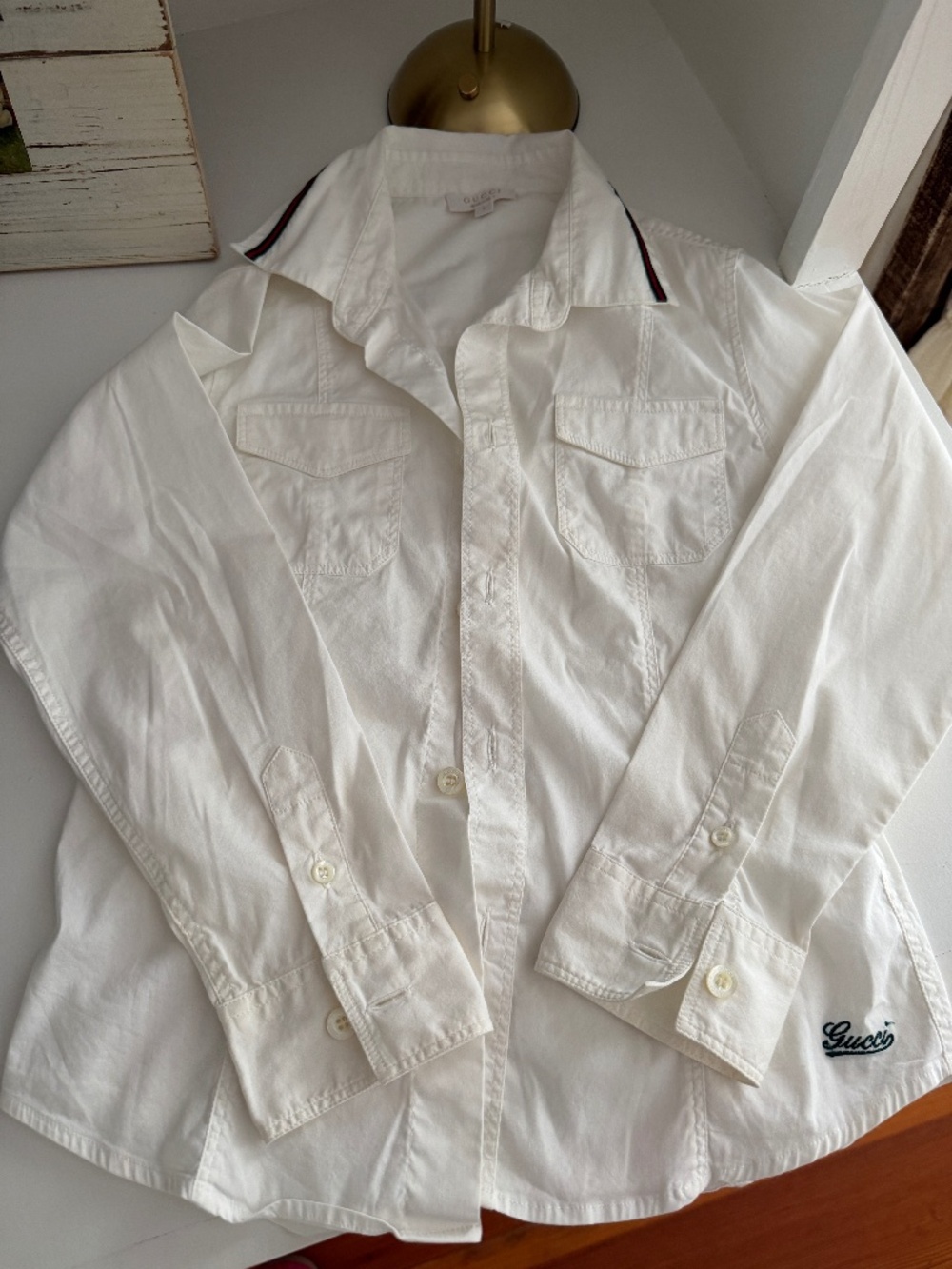 Gucci White Button Down Shirt Size 6 | Classic Web Stripe Logo